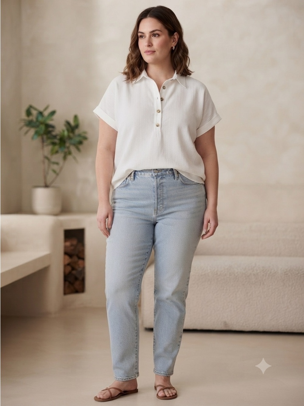 Andreé by Unit 100% Cotton White Cap Sleeve Henley Half Placket Shirt Coastal 3X